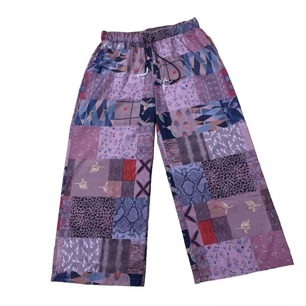 Patchwork Bohemian Hippie Pants Womens XXL Drawstring Pink Mystic Geometry